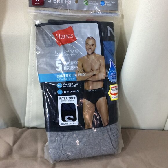 NEW Hanes Men’s Tagless Briefs Cotton Polyester Gray Black Blue Small 28-30” - Picture 1 of 4